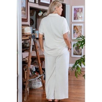 Beige Plus Size Textured Collared Top and Pants Set - 1X thumbnail