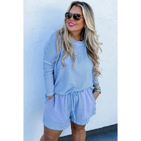 Light Blue Plus Size Ribbed Long Sleeve Top and Drawstring Shorts Set - 2X thumbnail