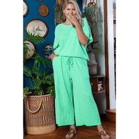 Mint Green Textured Batwing Sleeve Tee Wide Leg Pants Plus Size Set - 1X thumbnail