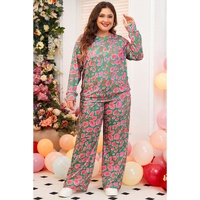 Green Plus Size Printed Long Sleeve and Pants Lounge Set - 1X thumbnail