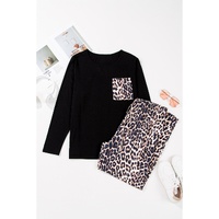 Black Leopard Patched Pocket Long Sleeve Top Plus Size Pants Set - 2X thumbnail
