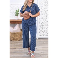 Sail Blue Ribbed V Neck Tee and Pants Plus Size Set - 1X thumbnail