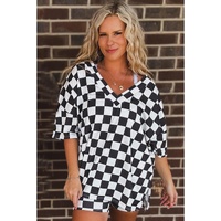 Black Checkered Pattern Tee and Shorts Plus Size Two Piece Set - 1X thumbnail