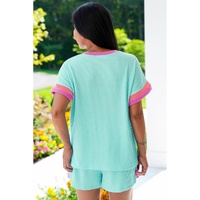 Light Blue Plus Size Color Block Corded Knit Tee and Shorts Set - 2X thumbnail