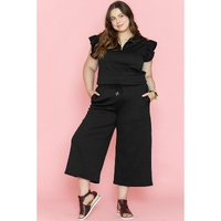Black Plus Ruffled Sleeve Quarter Zip Top Wide Leg Pants Set - 1X thumbnail
