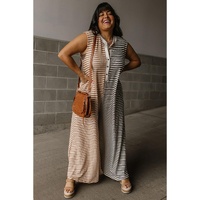 Gray Stripe Plus Size Color Block Buttoned Sleeveless Wide Leg Jumpsuit - 4X thumbnail