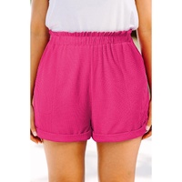 Bright Pink Plus Size Rolled Edge Ruffled Elastic Waist Textured Shorts - 2X thumbnail
