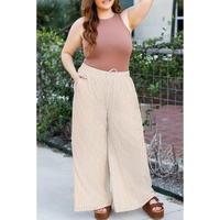 Khaki Stripe Plus Size Drawstring High Waist Wide Leg Pants - 1X thumbnail