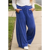 Sky Blue Corded Drawstring High Waist Pocket Plus Size Wide Leg Pants - 4X thumbnail