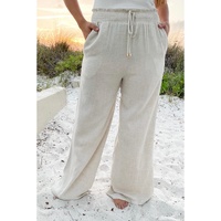 Beige Smocked High Waist Wide Leg Plus Size Pants - 3X thumbnail