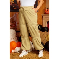 Beige Drawstring Adjusted Band High Waist Plus Size Pants - 2X thumbnail