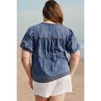 Sail Blue Plus Drawstring V Neck Puff Sleeve Denim Blouse - 1X thumbnail