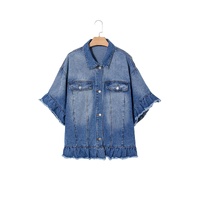 Peacock Blue Ruffled Frayed Short Sleeve Plus Size Denim Jacket - 4X thumbnail