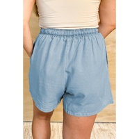 Beau Blue Washed Chambray Drawstring Elastic Waist Plus Size Shorts - 3X thumbnail