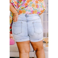 Beau Blue Folded Edge High Waist Plus Size Denim Shorts - 4X thumbnail
