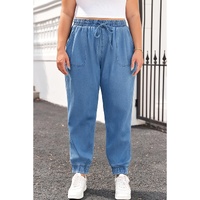 Dusk Blue Drawstring Waist Pocketed Plus Size Denim Joggers - 2X thumbnail