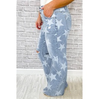 Sky Blue Star Printed Multi Buttons Slit Knee Destroyed Plus Size Jeans - 3X thumbnail