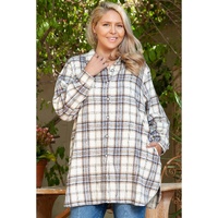 White Plaid Print Tunic Plus Size Shacket with Slits - 1X thumbnail