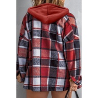 Red Printed Plus Size Plaid Button up Hooded Jacket - 1X thumbnail