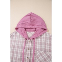 Bonbon Plaid Print Drawstring Hooded Button-up Plus Size Shirt - 3X thumbnail