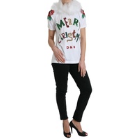 Dolce & Gabbana Women's White Cotton Christmas Sequin Fur T-shirt - 36 IT thumbnail