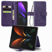 Embossed Leather Phone Case for Samsung Galaxy z Fold 4 with Four Leaf Clasp - Gray thumbnail
