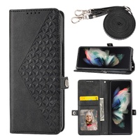 Leather Grid Texture Phone Case with Lanyard for Samsung Galaxy z Fold 4 - Yellow thumbnail