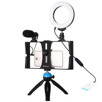 Vlogging Live Broadcast Smartphone Video Rig With Led Selfie Light Microphone Tripod Mount And Cold Shoe Head - Blue - Pkt3025L thumbnail