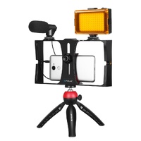 Live Broadcast Vlogging Kit With Led Light Microphone Tripod & Cold Shoe Head - Red thumbnail