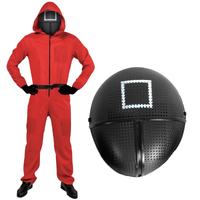 Adult Squid Game Guard Tracksuit Red Full Party Costume Set w/ Mask - Square Mask - S/M thumbnail