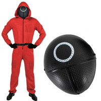 Adult Squid Game Guard Tracksuit Red Full Party Costume Set w/ Mask - Circle Mask - S/M thumbnail