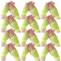12 Pair Fishnet Gloves Fingerless Wrist Length 70s 80s Costume Party - Fluro Yellow thumbnail