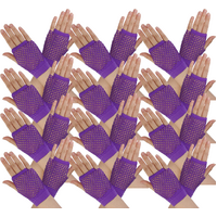 12 Pair Fishnet Gloves Fingerless Wrist Length 70s 80s Costume Party - Purple thumbnail