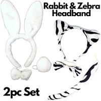 2pc Set Animal Headband w Bow Tail Rabbit + Zebra Ears Costume Halloween Party thumbnail
