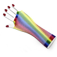 Rainbow Stripe Fishnet Fingerless Gloves 80s Costume Burlesque Dance Mardi Gras thumbnail