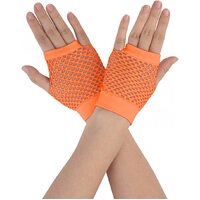 1 Pair Fishnet Gloves Fingerless Wrist Length 70s 80s Costume Party - Orange thumbnail