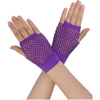 1 Pair Fishnet Gloves Fingerless Wrist Length 70s 80s Costume Party - Purple thumbnail
