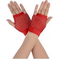 1 Pair Fishnet Gloves Fingerless Wrist Length 70s 80s Costume Party Dance - Red thumbnail