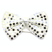 SEQUIN BOW TIE Polka Dots Bowtie Party Unisex Costume  13cm x 9cm Clown - White/Silver thumbnail