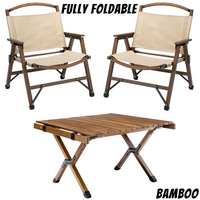 Bamboo Foldable Camping Table + 2 Chairs Waterproof Wood Wooden Travel Set Kit thumbnail