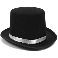 BLACK SATIN TOP HAT w Silver Ribbon Band Costume Mad Hatter Party Magician thumbnail