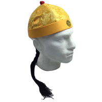CHINESE LANDLORD HAT Oriental Asian Cap w Ponytail Party Costume Traditional - Yellow thumbnail