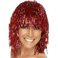 Tinsel Metallic Wig 70s 50s 20s Costume Mens Womens Unisex Disco Fancy Dress Up - Red thumbnail