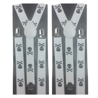 2x Mens Suspenders Braces Adjustable Strong Clip On Elastic Formal Wedding Slim - White with Black Skulls thumbnail
