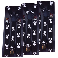 3x Mens Suspenders Braces Adjustable Strong Clip On Elastic Formal Wedding Slim - Black with White Skulls thumbnail