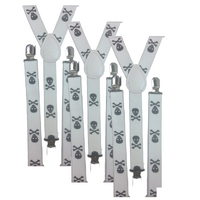 3x Mens Suspenders Braces Adjustable Strong Clip On Elastic Formal Wedding Slim - White with Black Skulls thumbnail