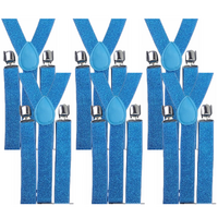 6x Mens Suspenders Braces Adjustable Strong Clip On Elastic Formal Wedding BULK - Sky Blue (Glitter) thumbnail