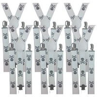 6x Mens Suspenders Braces Adjustable Strong Clip On Elastic Formal Wedding BULK - White with Black Skulls thumbnail
