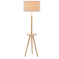 165cm Adjustable Bamboo Tripod Floor Lamp Light with Linen Shade & Built-In Table thumbnail