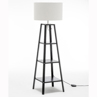Eiffel 3 Tier Natural Wood Floor Lamp w/ Storage Shelves + Off White Linen Shade thumbnail